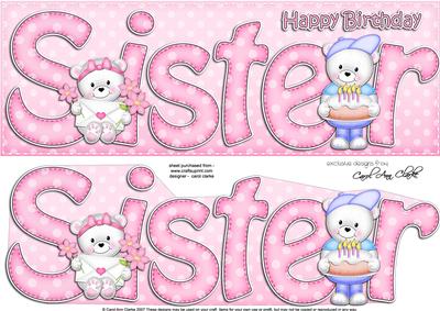 Large Dl Birthday Sister Teddies Quick Card N 3D Decoupage