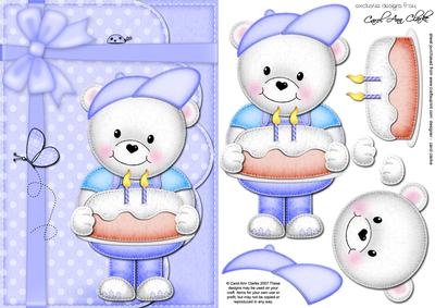 A5 Teddy Ed's Birthday Cake Quick Card N 3D Decoupage