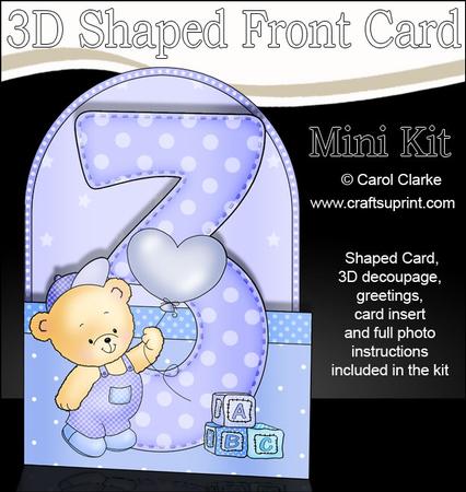 3D 3rd Birthday Teddy Shaped Front Card with Decoupage