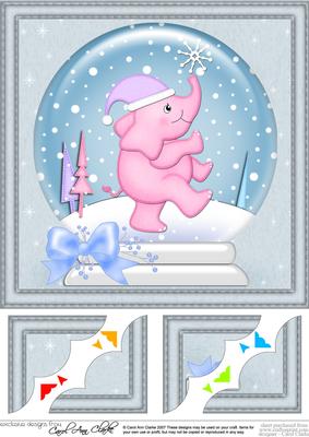 8 x 8 Xmas Elephant Snowglobe Scalloped Corner