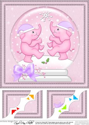 8 x 8 Xmas Elephants Snowglobe Scalloped Corner