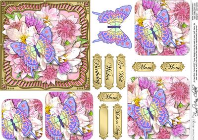 Flowers & Butterfly Round Edged Pyramage & Decoupage