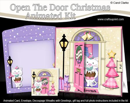 3D Xmas Cat's Pudding Animated Moveable Open Door Card Kit