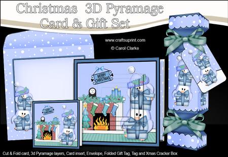 3D Penguins Fireplace Xmas Pyramage Gift Set & Cracker