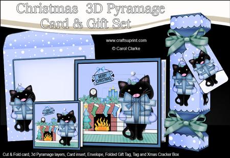 3D Cat's Present Fireplace Xmas Pyramage Gift Set & Cracker