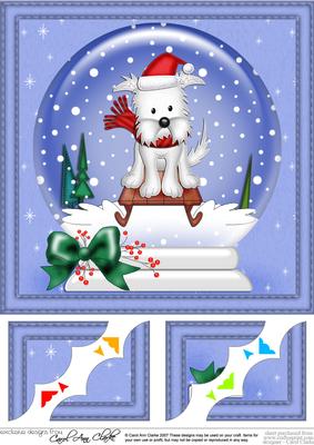 8 x 8 Xmas Sledging Westie Dog Snowglobe Scalloped Corner