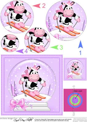 Xmas Skiing Milly Moo Cow Snowglobe Circle Pyramage Topper