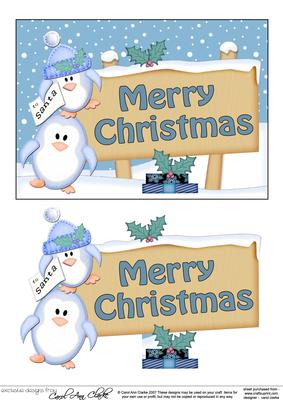 Xmas Merry Christmas Penguins Signpost 5x7 Easicut Decoupage
