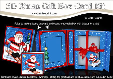 3D Xmas Skiing Santa Gift Box Card Kit & Pyramage