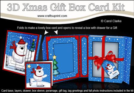 3D Xmas Skating Polar Bear Gift Box Card Kit & Pyramage