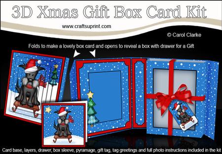 3D Xmas Sledging Scottie Dog Gift Box Card Kit & Pyramage