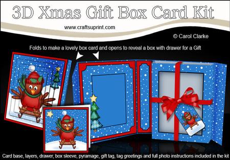 3D Xmas Sledging Robin Gift Box Card Kit & Pyramage