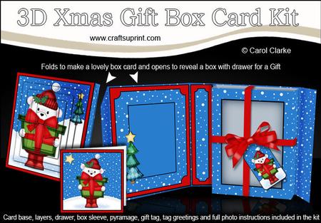 3D Xmas Teddy Ed Gift Box Card Kit & Pyramage