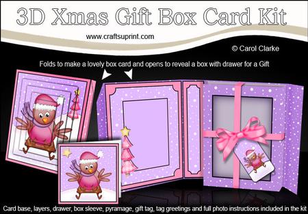 3D Xmas Sledging Robin Gift Box Card Kit & Pyramage