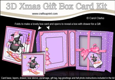 3D Xmas Skiing Scottie Dog Gift Box Card Kit & Pyramage