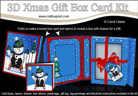 3D Xmas Sledging Snowman Gift Box Card Kit & Pyramage