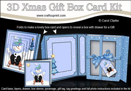 3D Xmas Sledging Snowman Gift Box Card Kit & Pyramage