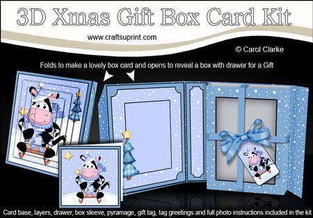 3D Xmas Sledging Milly Moo Cow Gift Box Card Kit & Pyramage