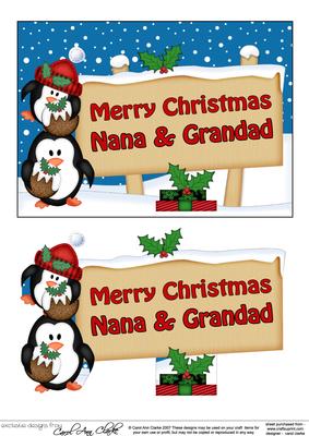 Xmas Nana & Grandad Penguins Signpost 5x7 Decoupage