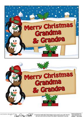 Xmas Grandma & Grandpa Penguins Signpost 5x7 Decoupage