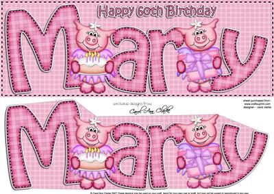 Lge Dl 60th Birthday Mary Zoe Piggy Quick Card 3D Decoupage