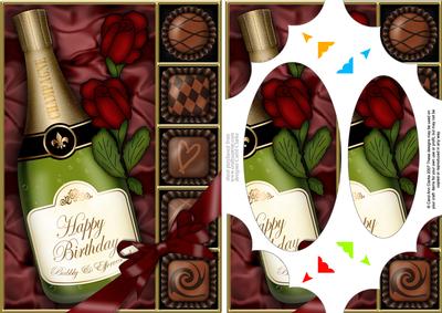A5 Birthday Champers Chocs N Roses Scallop Corner & Pyramage
