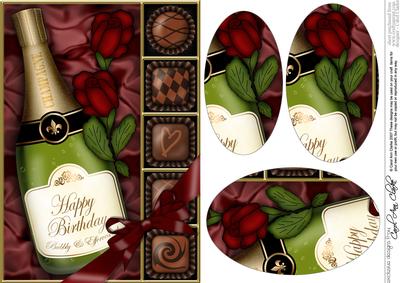 A5 Birthday Champers Chocs & Roses Oval Pyramage Topper