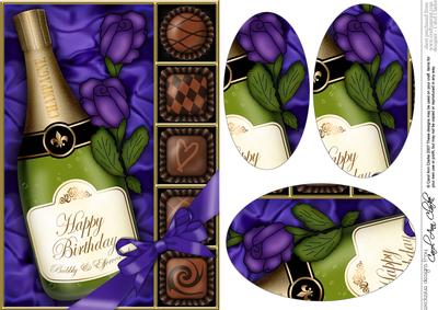 A5 Birthday Champers Chocs & Roses Oval Pyramage Topper