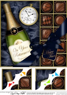 8 x 8 Retirement Champers & Chocs Scalloped Corner Topper
