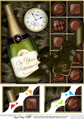 8 x 8 Retirement Champers & Chocs Scalloped Corner Topper