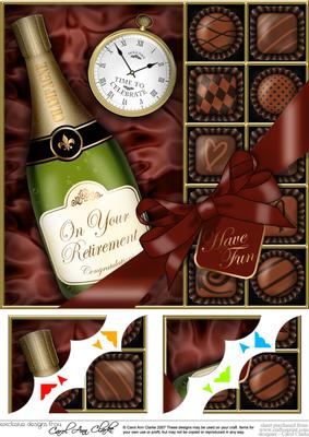 8 x 8 Retirement Champers & Chocs Scalloped Corner Topper