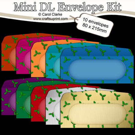 10 Mini Dl (80 x 215mm) Xmas Brights Holly Envelopes