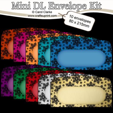 10 Mini Dl (80 x 215mm) Xmas Brights Snowflakes Envelopes