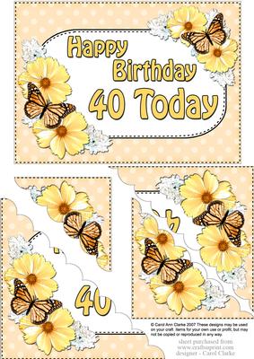 5x7 40th Birthday Butterflies & Flowers Scallop Corner