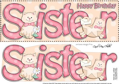 Large Dl Birthday Sister Cat Card & 3D Decoupage