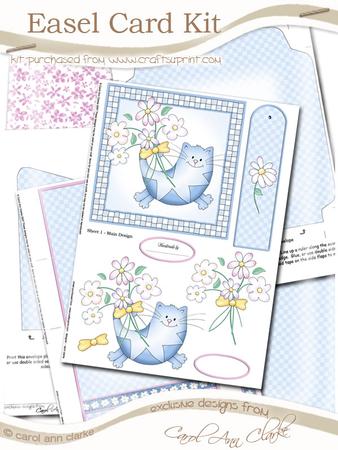 Cute Cat Easel Card Kit in Blue with Step by Step Decoupage