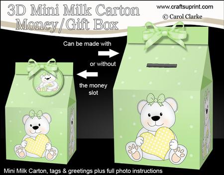 3D New Baby Teddy Milk Carton Money or Treat Box Mini Kit