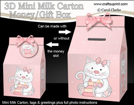 3D New Baby Girl Kitty Kat Milk Carton Money or Treat Box