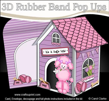 3D Bonbon Poodle Dog's Kennel Rubber Band Pop Up Card