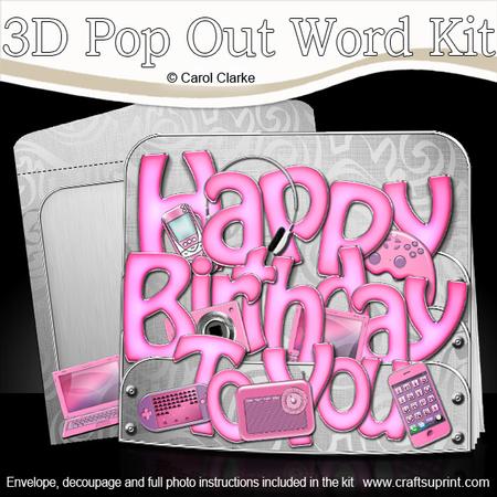 3D Girly Birthday Gadgets & Gizmos Pop Out Word Card Kit