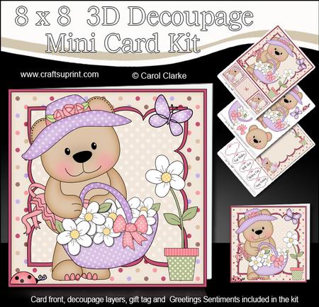 8 x 8 3D Livvy Bear's Flower Basket Mini Kit 3D Decoupage