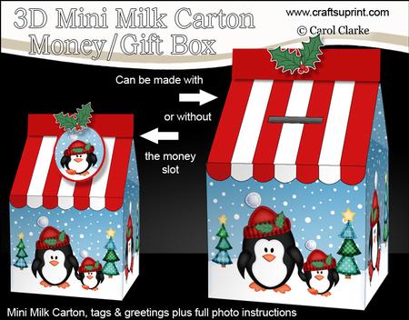 3D Xmas Penguins Milk Carton Money or Treat Box Mini Kit