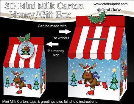 3D Xmas Rudolph Milk Carton Money or Treat Box Mini Kit