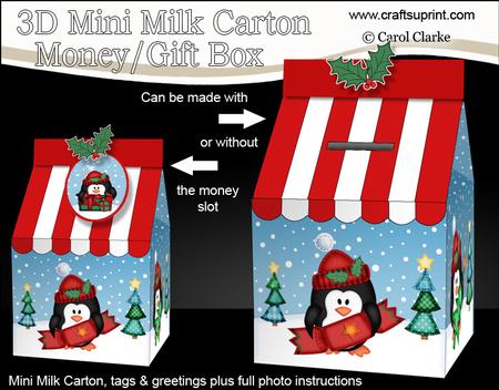3D Xmas Penguin Milk Carton Money or Treat Box Mini Kit
