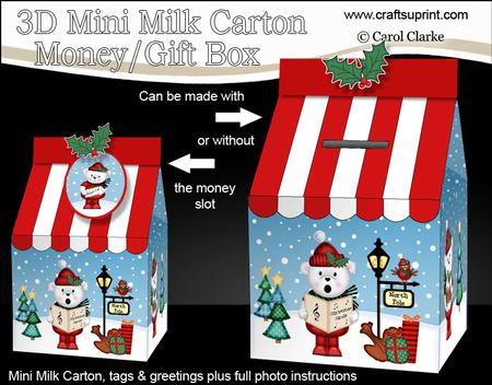 3D Xmas Teddy Ed Milk Carton Money or Treat Box Mini Kit