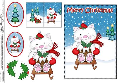 Christmas Sledging Little Cat 5x7 3D Decoupage
