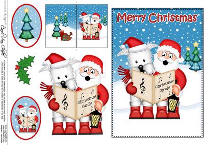 Xmas Carol Singing Santa & Westie Dog 5x7 3D Decoupage