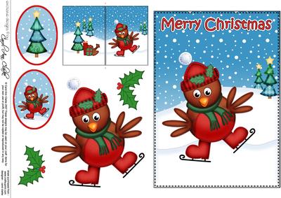 Xmas Skating Robin 5x7 3D Decoupage