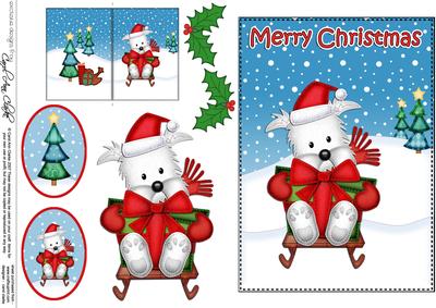 Xmas Sledging Westie Dog 5x7 3D Decoupage