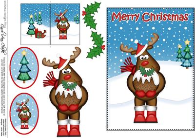 Xmas Rudolph's Xmas Pud 5x7 3D Decoupage